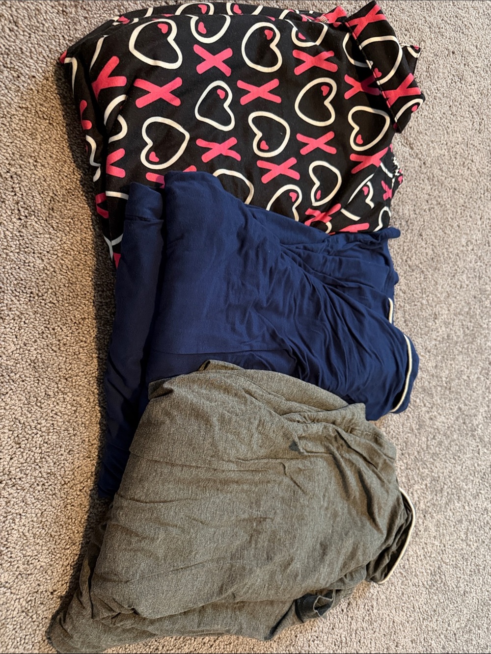 Three-Pair Women’s Pajamas - Black with hearts, Navy & Gray